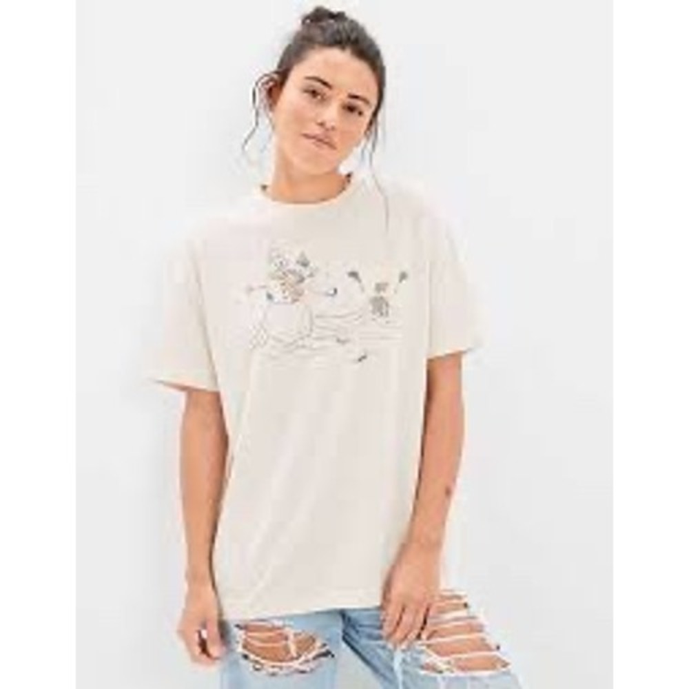 American Eagle Skeleton Snowman Graphic T-Shirt Cream Oversized Crew Neck M